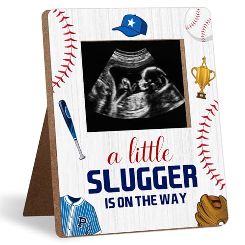 Baseball Baby Shower Decoration Frame, A Little Slugger Is On The Way Baby Shower Decorations, New Mom Expecting Parents-to-Be Keepsake Gifts, Pregnancy Milestone Keepsake, Gender Reveal Gifts - color: White