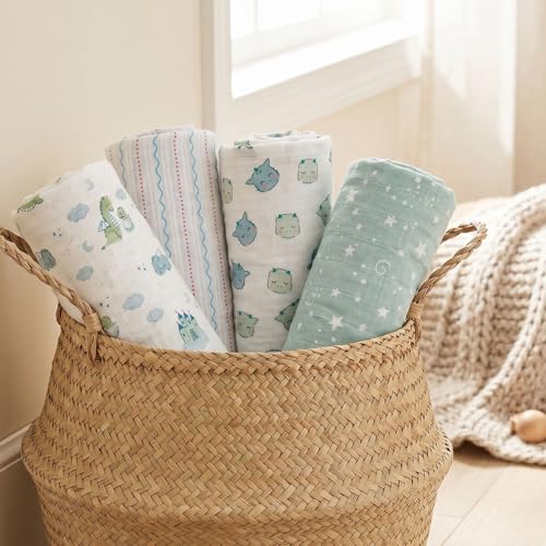 Muslin Swaddle Blankets for Newborn, Cotton Receiving Blanket - color: Blue Dinosaur