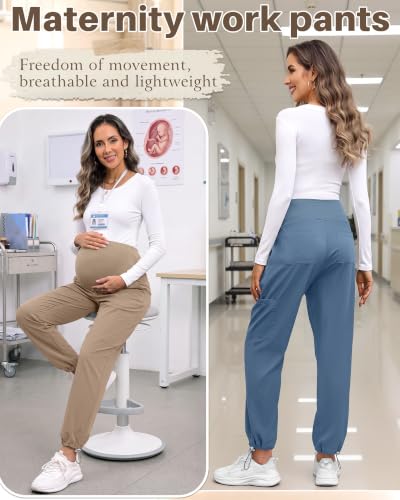 Locoowai 3 Pack Women's Maternity Jogger Scrub Pants with Pocket - color: Black, Haze Blue, Khaki, size: Medium