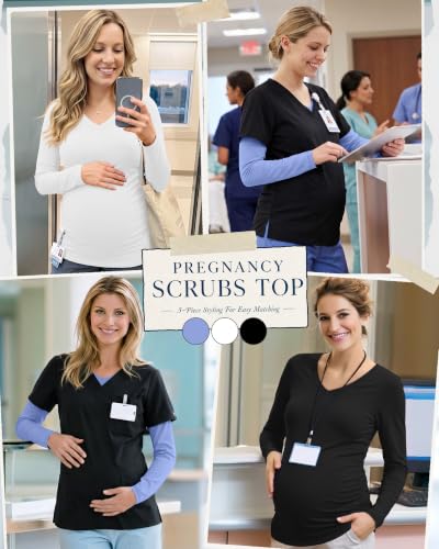 3 Pack Women Maternity Shirts Scrub Tops Side Ruched - color: Black, White, Sky Blue, size: Small