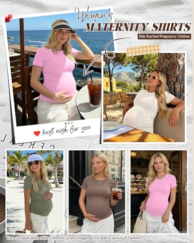 Huukeay 4 Pack Women's Short Sleeve Maternity Tops - color: Peach Pink, Light Coffee, Cream, Army Green, size: Small