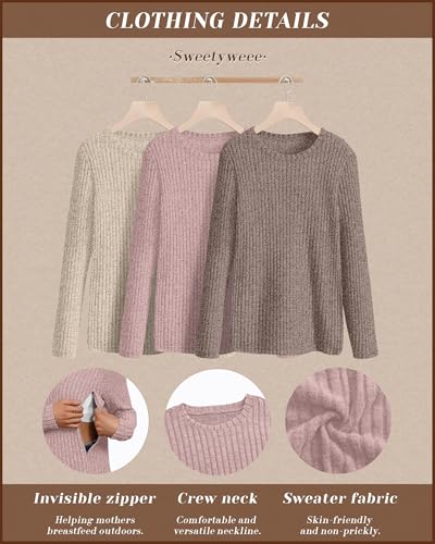 3 Pack Maternity Nursing Ribbed Long Sleeve Tops - color: Apricot, Coffee, Pink, size: Medium