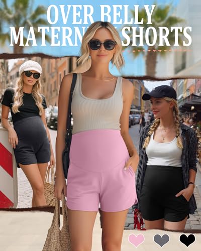 3 Pack Women's Maternity Shorts - color: Pink, Dark Heather Grey, Black, size: X-Large