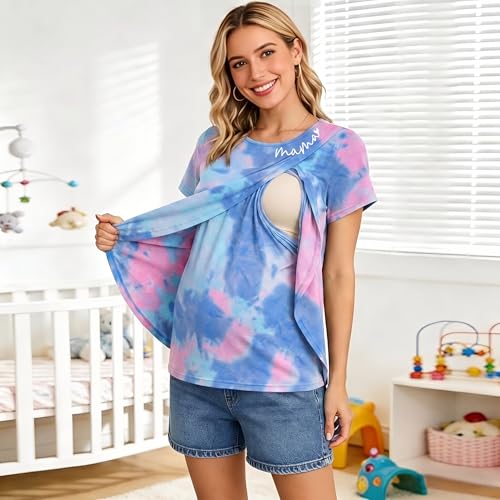 Nursing Breastfeeding Shirt for Women Friendly Double Layer Postpartum Tops - color: Purple, size: Small