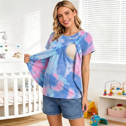 Nursing Breastfeeding Shirt for Women Friendly Double Layer Postpartum Tops - color: Purple, size: Medium