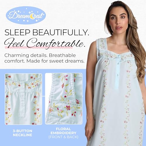 Dreamcrest Women's Sleeveless Nightgown, Floral Embroidered Cotton Blend Waltz Sleep Dress with Button Front - color: Blue, size: 1X