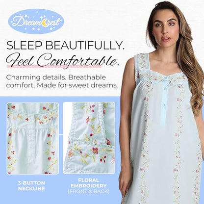 Dreamcrest Women's Sleeveless Nightgown, Floral Embroidered Cotton Blend Waltz Sleep Dress with Button Front - color: Blue, size: 1X