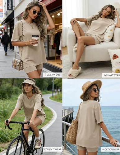 Womens Loungewear Oversized T-shirts and Biker Shorts - color: Khaki, size: X-Small