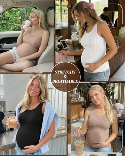 Locoowai 3 Pack Women's Maternity Tank Tops - color: Khaki, White, Black, size: Medium
