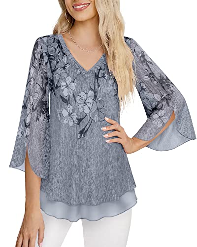 Timeson Women's 3/4 Sleeve Floral Blouses Shirts - color: Black Gray, size: Medium