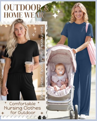 Ficerd 2 Pack Maternity Nursing Pajama Breastfeeding Sets Pjs - color: Blue, Black, size: Medium