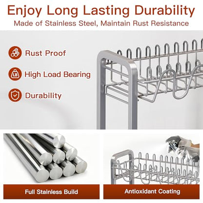 BOOSINY 2 Tier Large Stainless Steel Dish Drying Rack for Kitchen Counter - color: Silver, size: 12.4" D x 17.1" W x 14.2" H