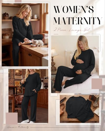 Huukeay Women's Maternity 2 Piece Waffle Outfits Lounge Set - color: Black, size: Medium