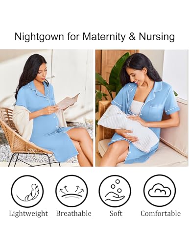 Ekouaer Nightgowns for Women Bamboo Viscose Button Down Sleepshirts - color: Light Blue, size: Small