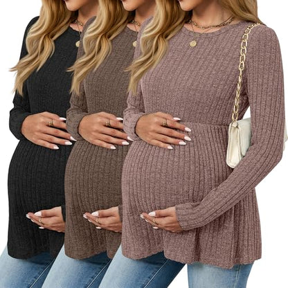 3 Pack Maternity Sweaters Long Sleeve Ribbed Shirts - color: Camel, Dark Camel, Black, size: XX-Large