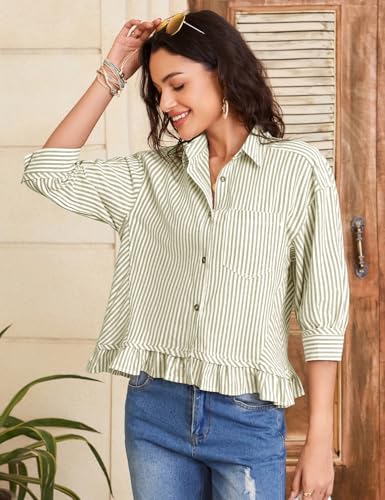 Flygo Womens Striped Button Down Shirts Cropped 3/4 Sleeve Ruffled Blouses - color: Olive, size: Large