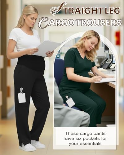 2 Pack Women's Maternity Scrub Pants with 6 Pockets - color: Black, Dark Green, size: X-Large
