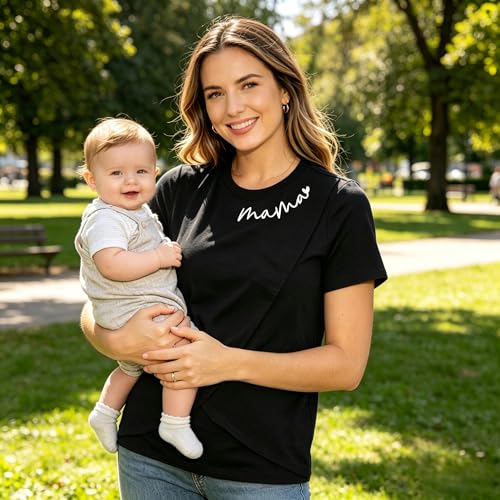 Nursing Breastfeeding Shirt for Women Friendly Double Layer Postpartum Tops - color: Black, size: X-Large