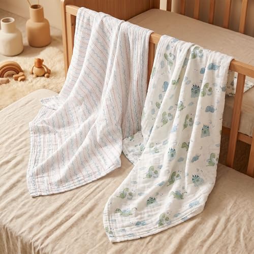 Muslin Swaddle Blankets for Newborn, Cotton Receiving Blanket - color: Blue Dinosaur