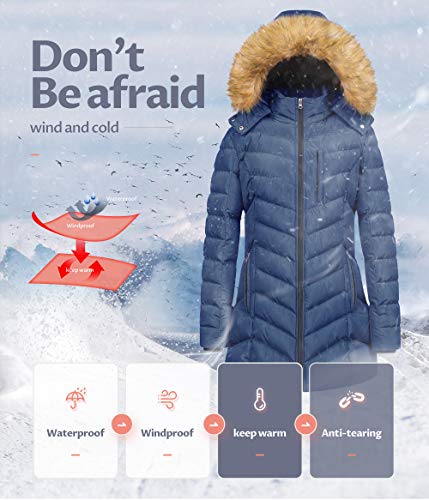 CREATMO US Women's Winter Hooded Coat Waterproof Warm Long Puffer Jacket Parka - color: Navy, size: X-Small
