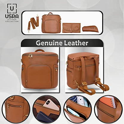 USRA Genuine Leather Diaper Bag handbag backpack for moms Durable quality functional maternity bag organizer (Brown)