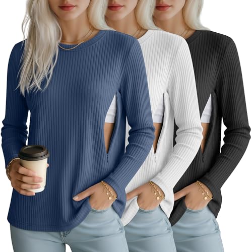 3 Pack Womens Long Sleeve Nursing Shirts, Ribbed Knit - color: Haze Blue, White, Black, size: Medium
