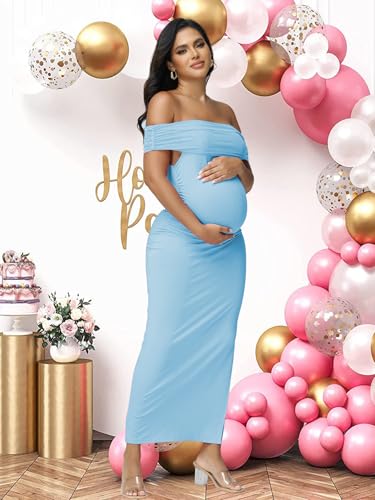 Women's Maternity Mesh Off Shoulder Party Long Dress Baby Shower - color: Blue, size: Medium