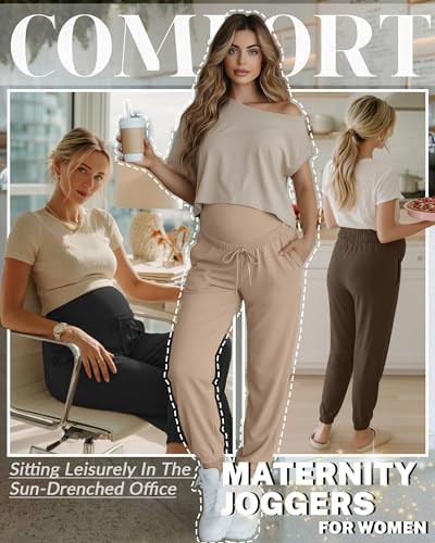 3 Pack Womens Maternity Pants Pregnancy Lounge Jogger - color: Light Camel, Dark Camel, Black, size: Small