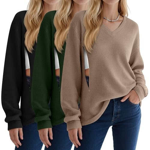 3 Pack Women's Waffle Knit Long Sleeve Nursing Tops - color: Coffee, Army Green, Black, size: Small