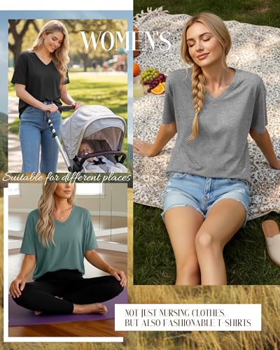 4 Pack Women's Oversize Nursing Tops - color: Light Gray, Dark Green, Khaki, Black, size: XX-Large