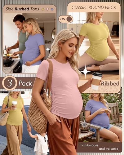 Ficerd 3 Pack Women's Short Sleeve Maternity Shirts - color: Lavender Purple, Light Pink, Bright Yellow, size: Medium