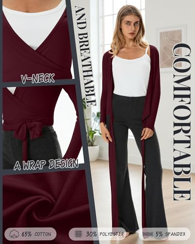 Oakgarden 3 Pack Womens Pilates Wrap Tops Ballet Tie Wrap Shirts - color: Black, Navy Blue, Wine Red, size: X-Large