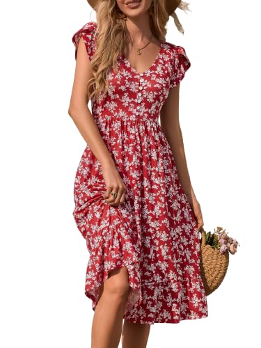 FENSACE Tulip Sleeve V Neck Button Down Dress with Pockets - color: Red White Floral-3, size: Large