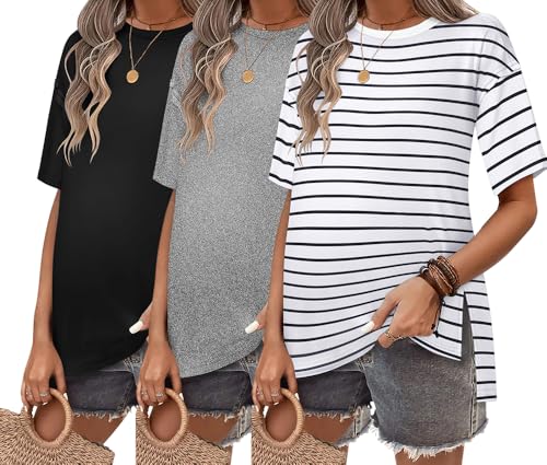 Ekouaer Maternity Shirts 3 Packs Short Sleeve Split Side Pregnancy Tops - color: Black/Light Gray/White Stripe, size: Medium