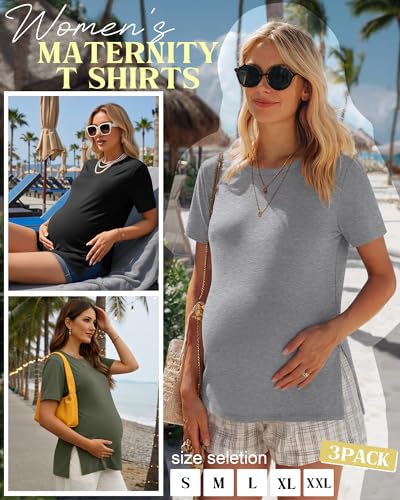 Ficerd 3 Pack Women's Maternity T Shirts - color: Black, Light Gray, Army Green, size: XX-Large