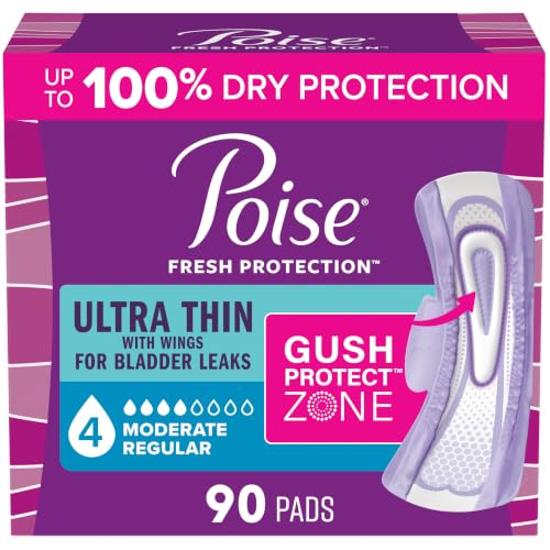 Poise Ultra Thin Incontinence Pads for Women, 4 Drop, Wings, 90 ct