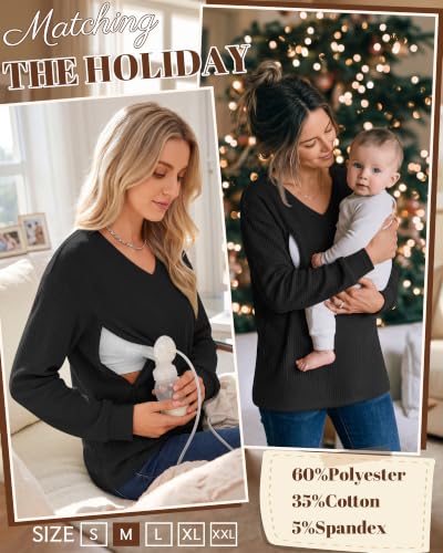 Women’s Waffle Knit Nursing Shirts Regular Fit - color: Black, size: Small