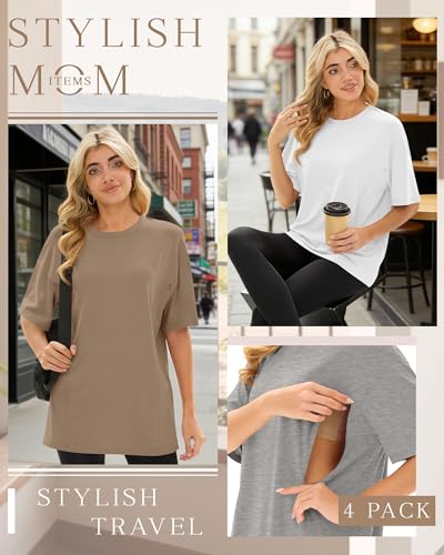 4 Pack Nursing Breastfeeding Shirts - color: Khaki, White, Light Gray, Black, size: XX-Large