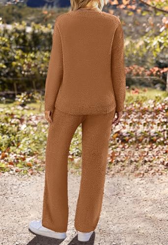 MEROKEETY Women's Fall Fleece 2 Piece Outfits Pajama Lounge Sets - color: Brown, size: Medium