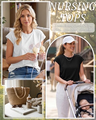 Ficerd 3 Pack Women's Nursing Cap Sleeve Shirts - color: Light Brown, White, Black, size: Medium