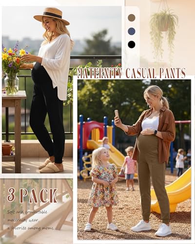 Oakgarden 3 Pack Women's Maternity Pants Over the Belly Joggers - color: Black, Mocha, Haze Blue, size: Medium
