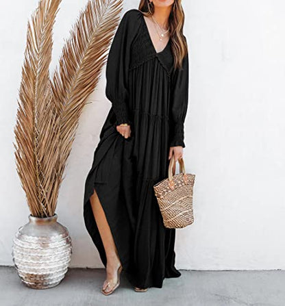 R.Vivimos Long Sleeve V Neck Flowy Maxi Dresses for Women - color: Black, size: Medium