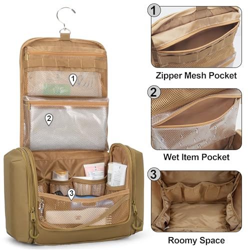Tactical Toiletry Bag for Men, Large Hanging Dopp Kit Hygiene Bag - color: Khaki