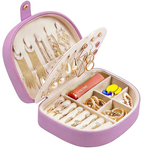 QBestry Travel Jewelry Case for Women Girls,Seashell-Shaped Small Jewelry Box with 40 Earring Holders & 5 Necklace Hooks,Leather Portable Jewelry Organizer for Necklace Ring Earring Travel Case Violet - color: Violet, size: Semi-Circle