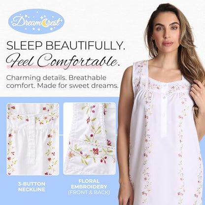 Dreamcrest Women's Sleeveless Nightgown, Floral Embroidered Cotton Blend Waltz Sleep Dress with Button Front - color: White, size: Medium
