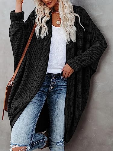 Womens Open Front Knit Cardigan Long Batwing Sleeve Oversized Sweater Chunky Waffle Cable Boho Pockets Coat - color: Black, size: Medium