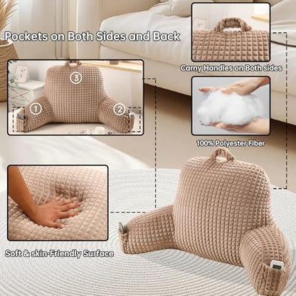Reading Pillow with Arms for Sitting in Bed,Backrest,Khaki Flannel,M - color: Khaki, size: Standard(17")