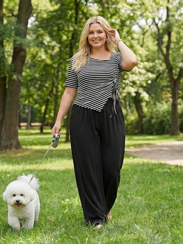 Lastshe Women's Plus Size Wide Leg Pants Elastic High Waist Hide Drawstring Loose Work Pants Palazzo Trousers with Pockets - color: Black White Plaid, size: 2X