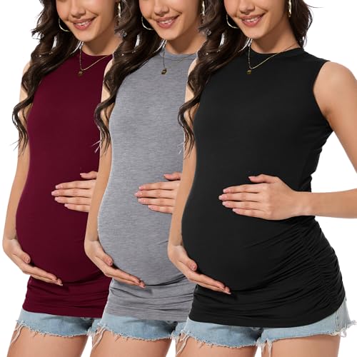 Smallshow Women's Maternity Tank Top 3 Pack - color: Black-light Grey-maroon(3 Pack), size: XX-Large