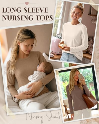3 Pack Women's Nursing Tops Breastfeeding Shirts Fall - color: Apricot, Khaki, Coffee, size: Small